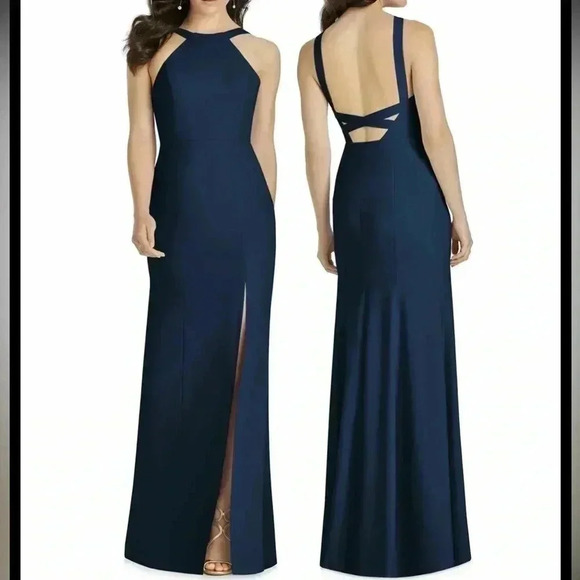 Dessy Collection Halter Neck Crepe Column Gown Size 4 - Picture 1 of 5